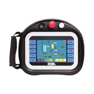 ESA Automation VT Series VT525H handheld mobile HMI terminal featuring safety pushbuttons and side hand strap.