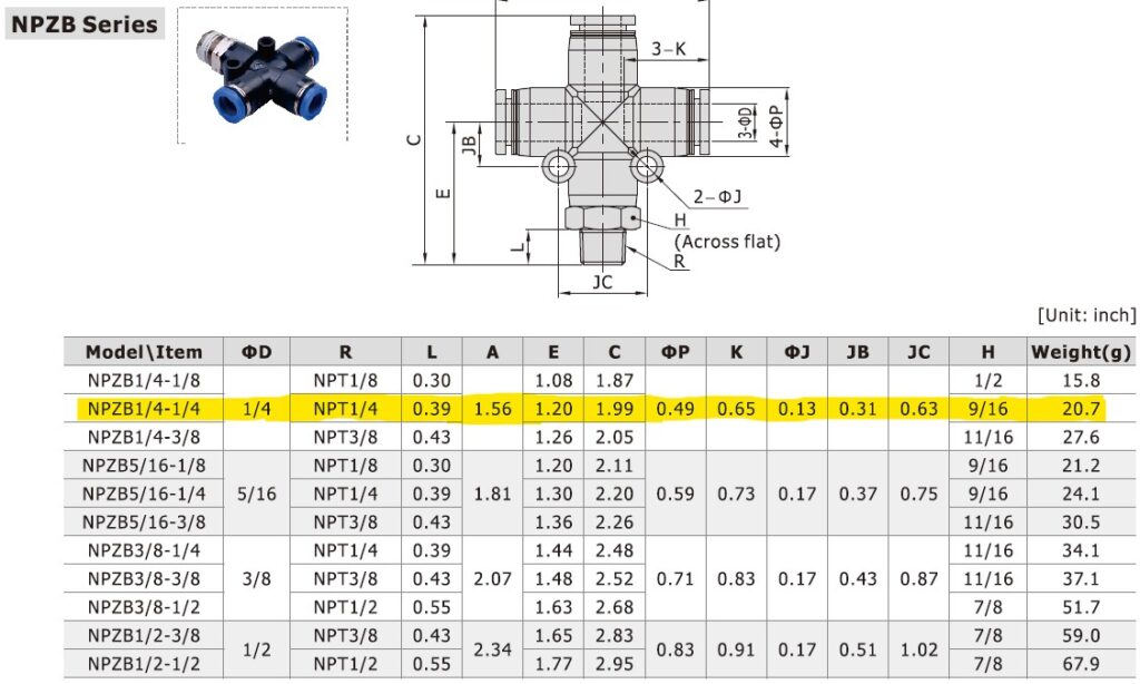 Dimensional Data for AirTAC NPZB1/4-1/4