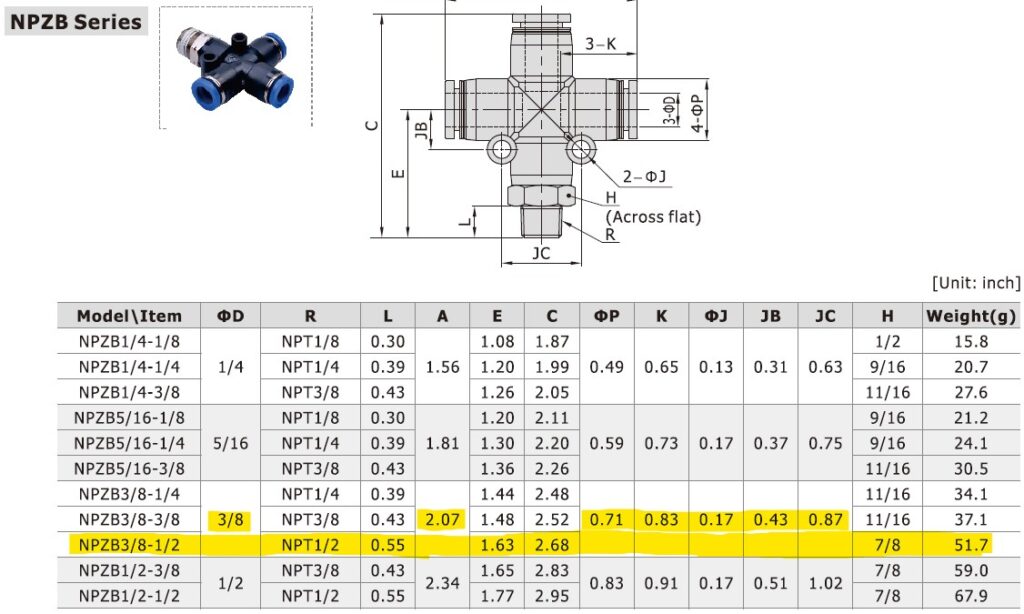 Dimensional Data for AirTAC NPZB3/8-1/2