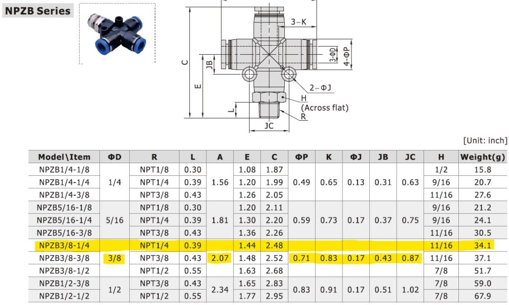 Dimensional Data for AirTAC NPZB3/8-1/4