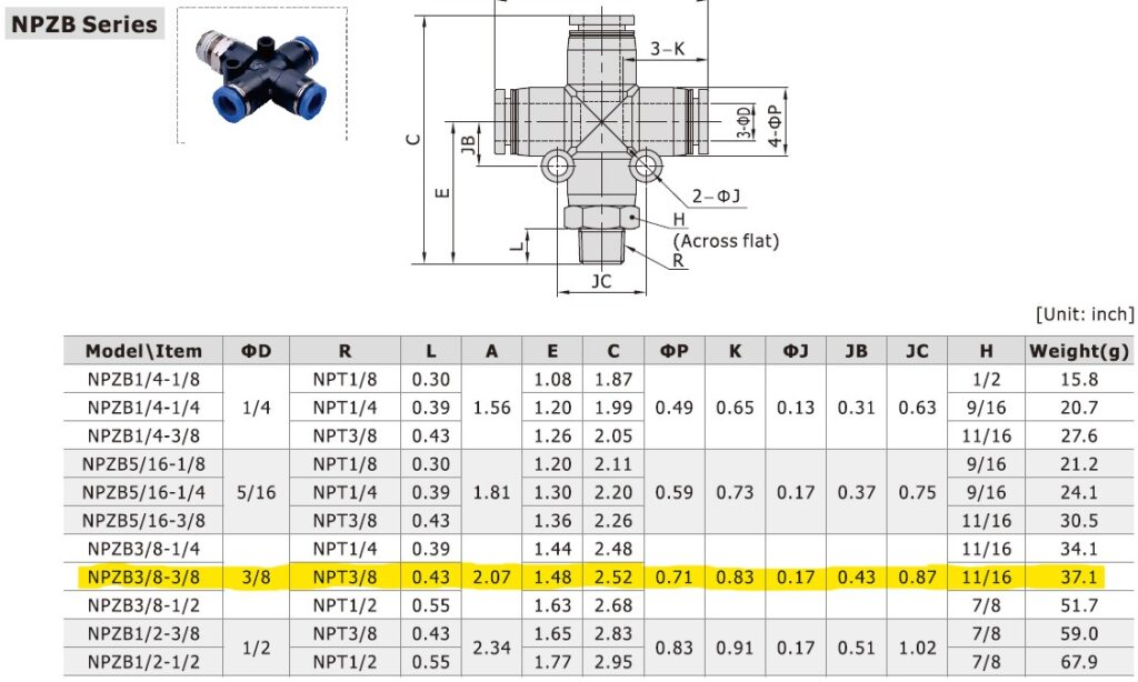 Dimensional Data for AirTAC NPZB3/8-3/8