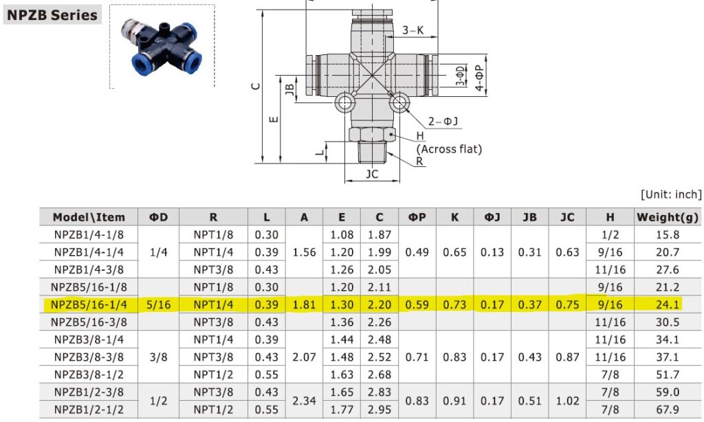 Dimensional Data for AirTAC NPZB5/16-1/4