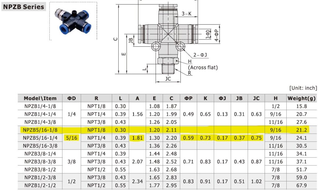 Dimensional Data for AirTAC NPZB5/16-1/8