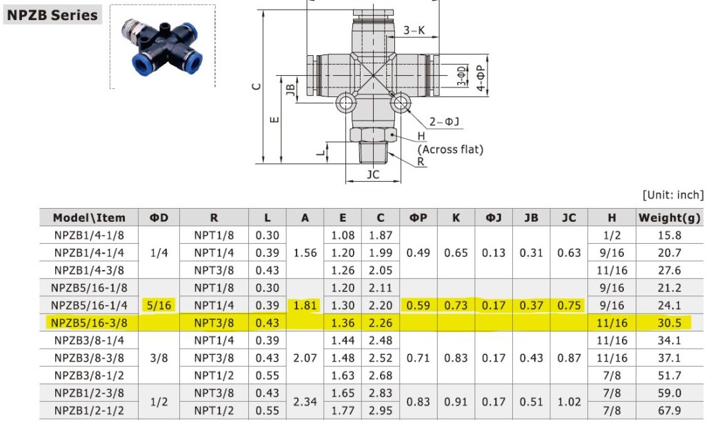 Dimensional Data for AirTAC NPZB5/16-3/8