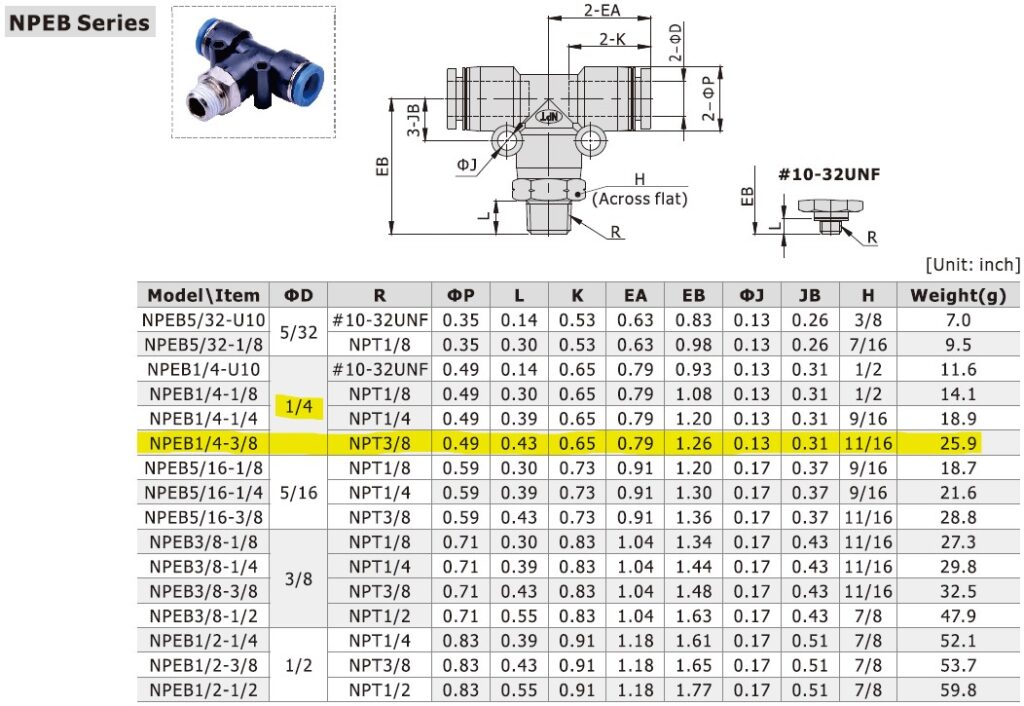 Dimensional Data for AirTAC NPEB1/4-3/8