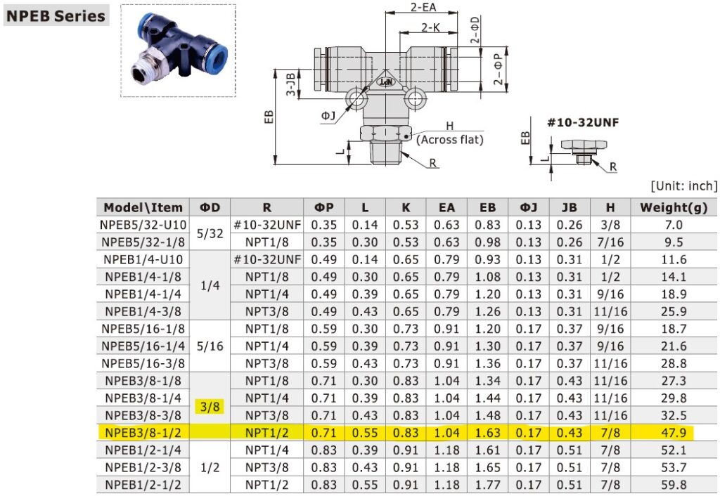 Dimensional Data for AirTAC NPEB3/8-1/2