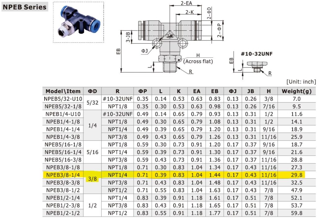 Dimensional Data for AirTAC NPEB3/8-1/4