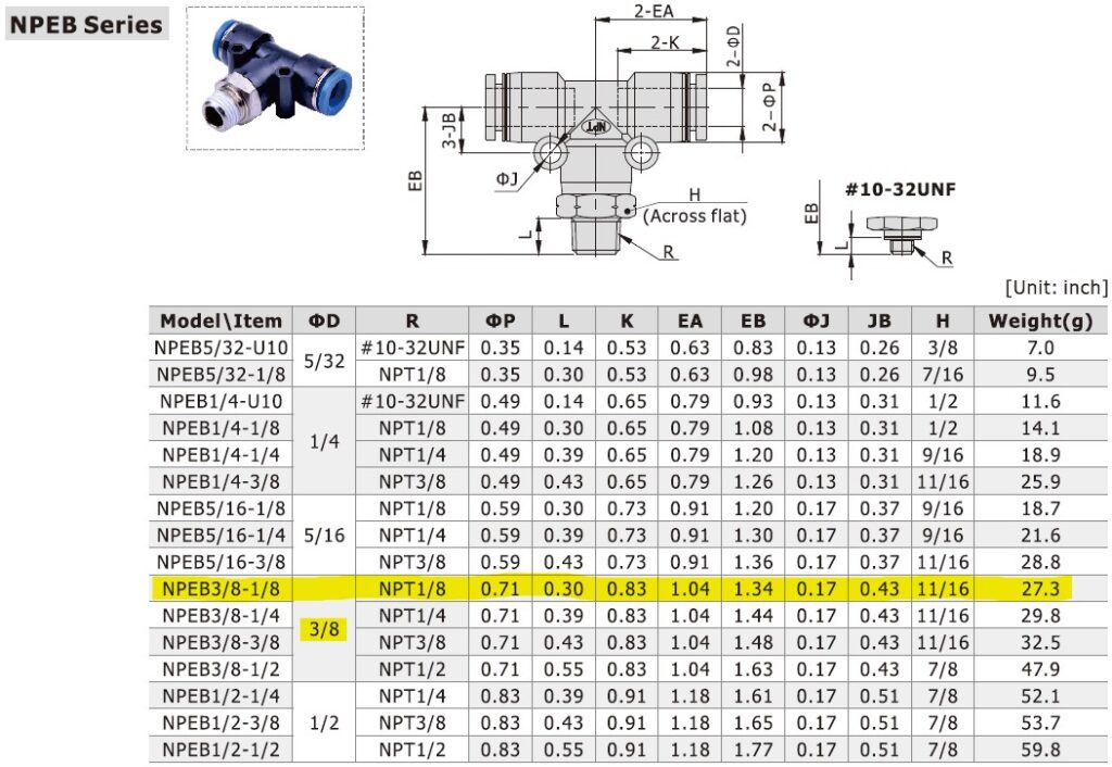 Dimensional Data for AirTAC NPEB3/8-1/8