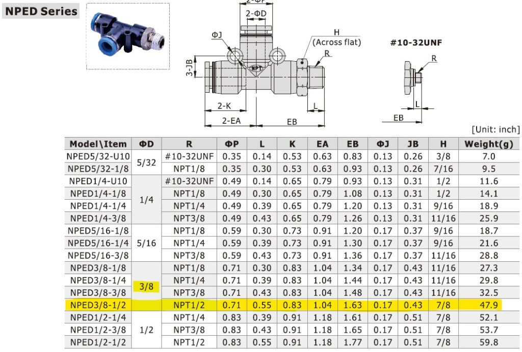 Dimensional Data for AirTAC NPED3/8-1/2