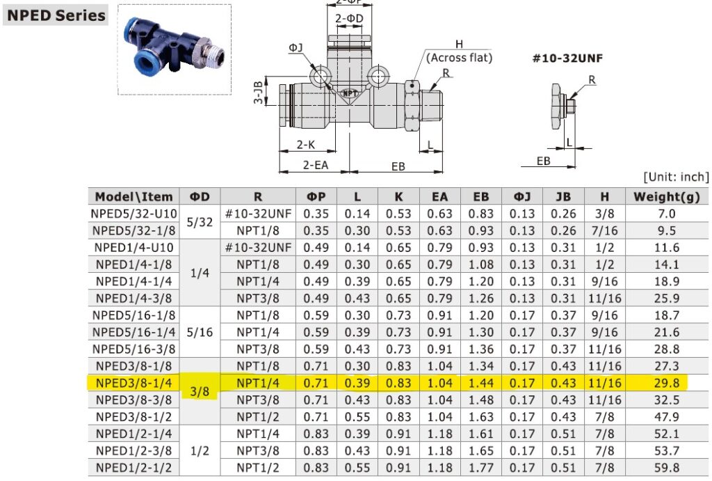 Dimensional Data for AirTAC NPED3/8-1/4