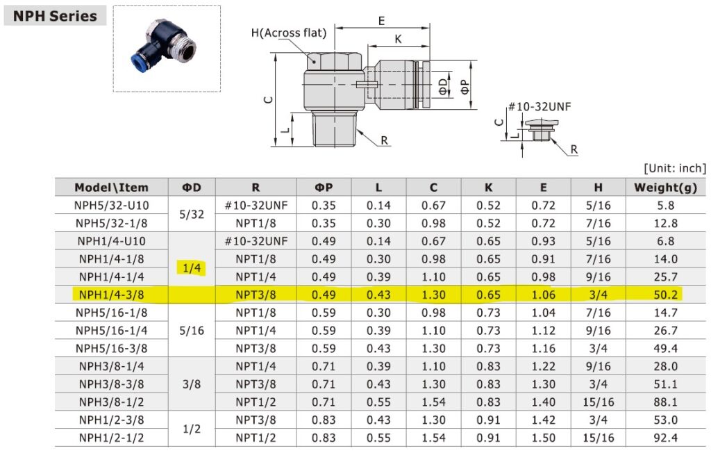 Dimensional Data for AirTAC NPH1/4-3/8