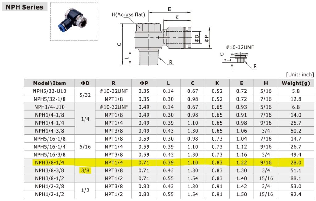 Dimensional Data for AirTAC NPH3/8-1/4