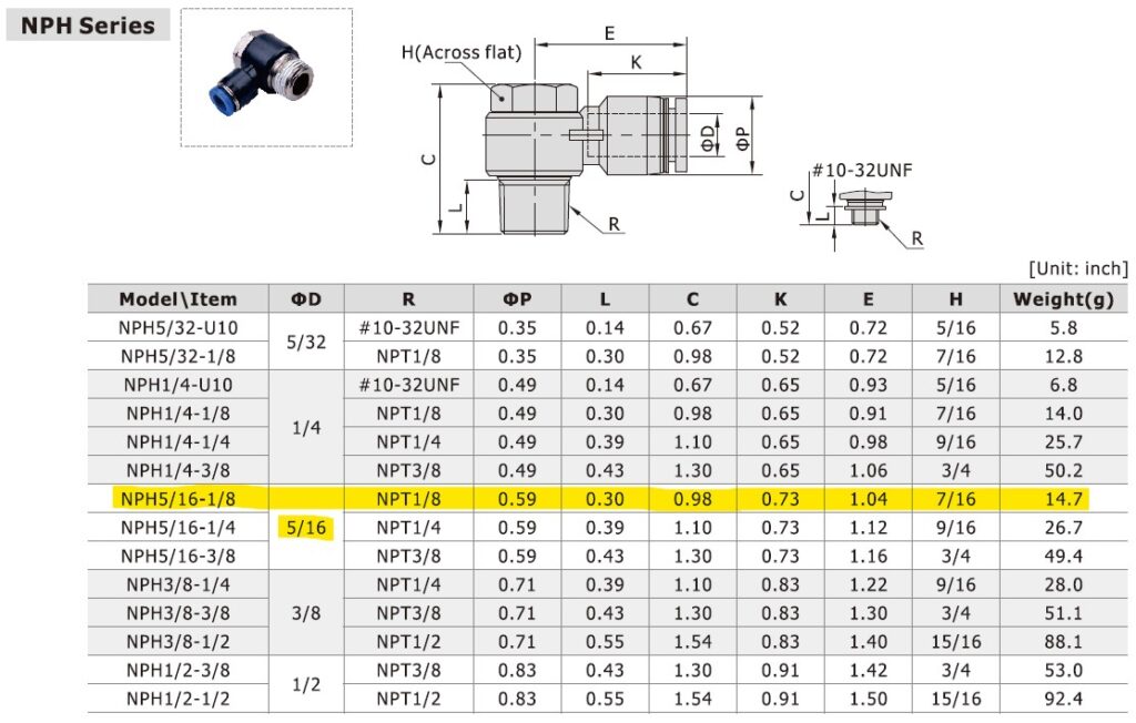 Dimensional Data for AirTAC NPH5/16-1/8