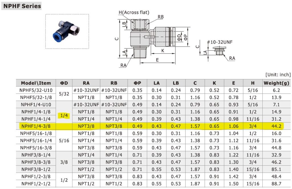 Dimensional Data for AirTAC NPHF1/4-3/8