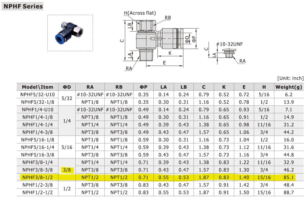 Dimensional Data for AirTAC NPHF3/8-1/2