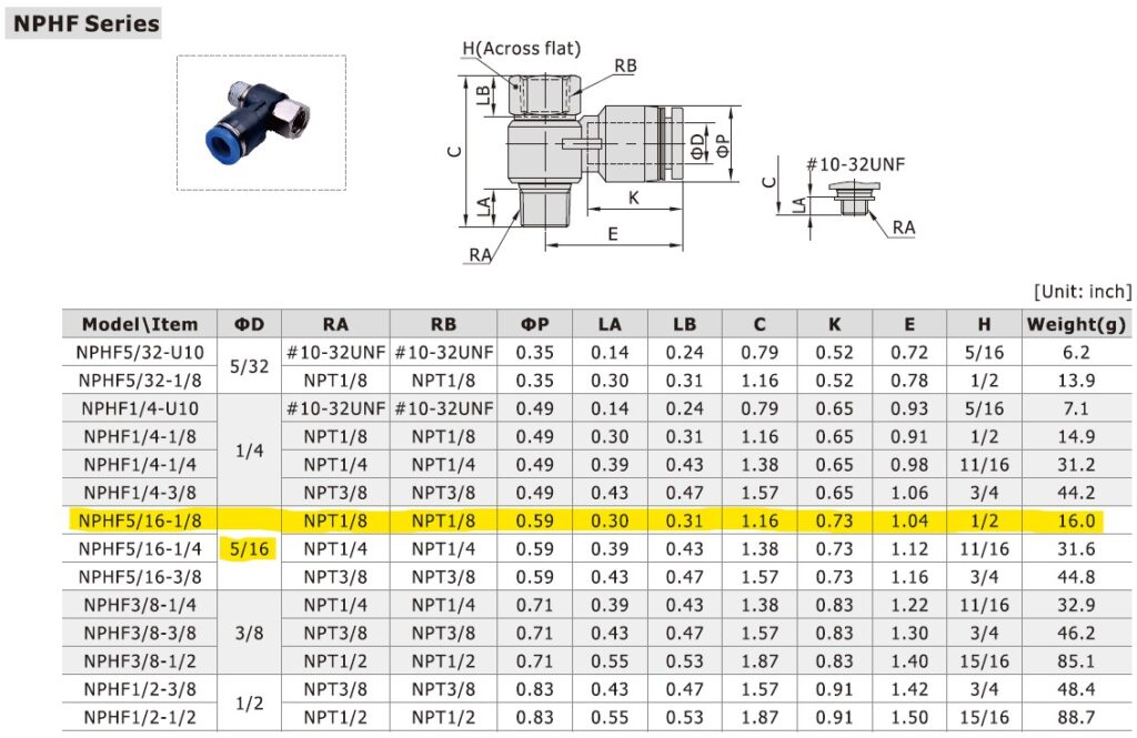 Dimensional Data for AirTAC NPHF5/16-1/8