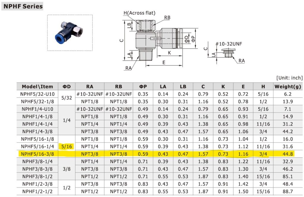 Dimensional Data for AirTAC NPHF5/16-3/8