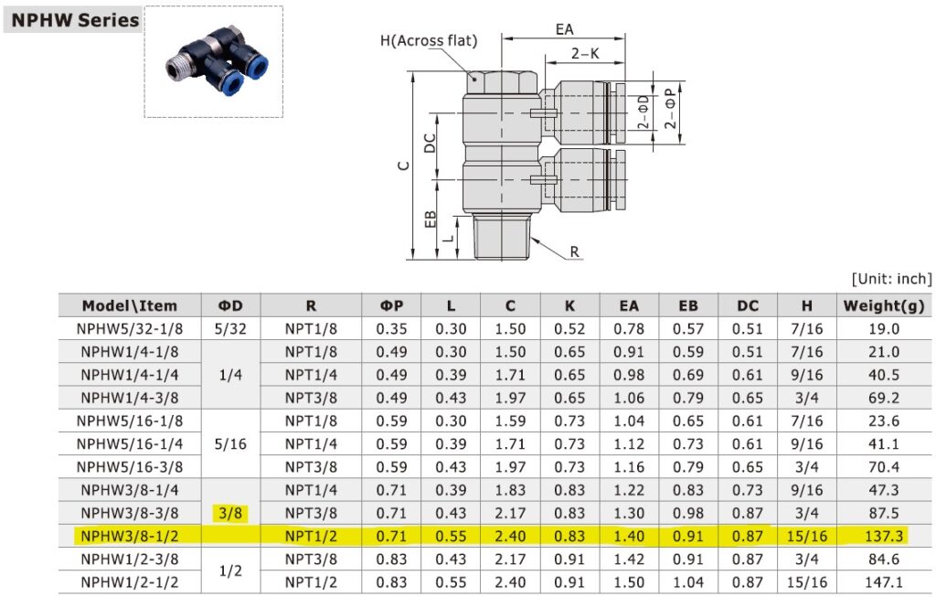 Dimensional Data for AirTAC NPHW3/8-1/2