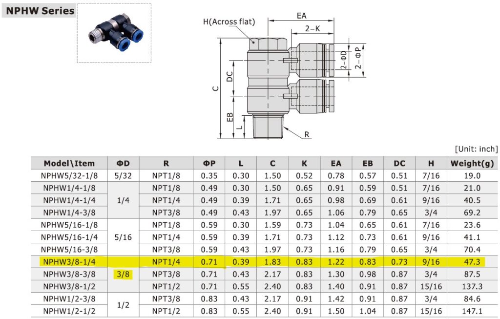 Dimensional Data for AirTAC NPHW3/8-1/4