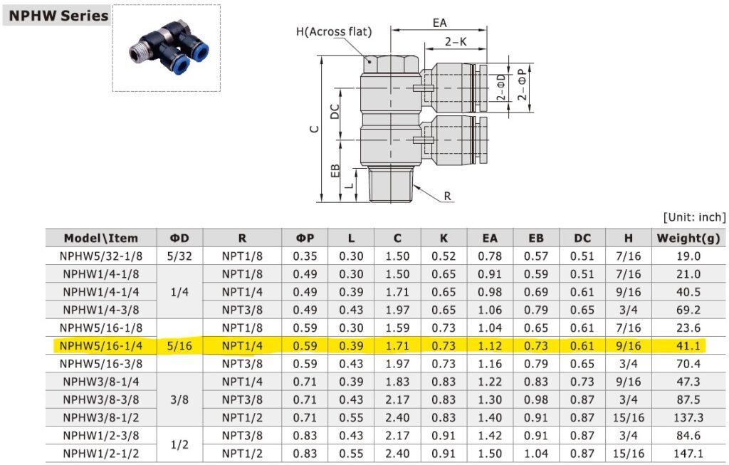 Dimensional Data for AirTAC NPHW5/16-1/4