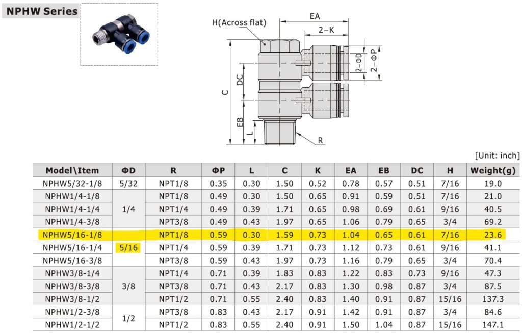 Dimensional Data for AirTAC NPHW5/16-1/8