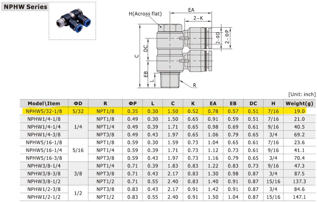 Dimensional Data for AirTAC NPHW5/32-1/8