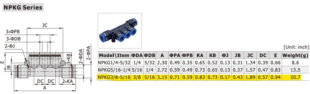 Dimensional Data for AirTAC NPKG3/8-5/16