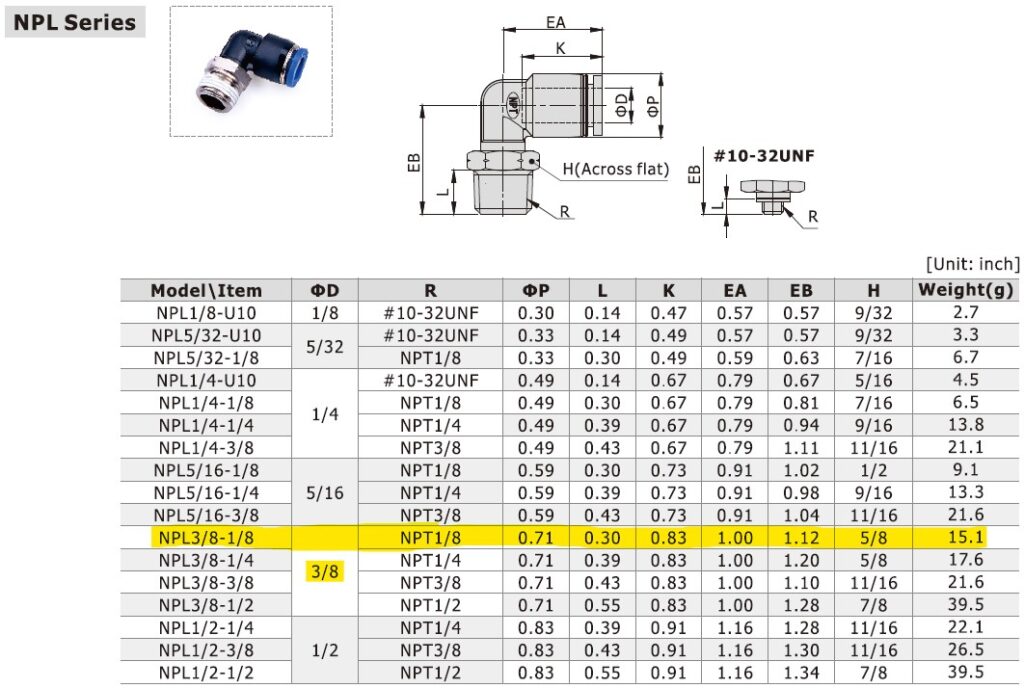 Dimensional Data for AirTAC NPL3/8-1/8