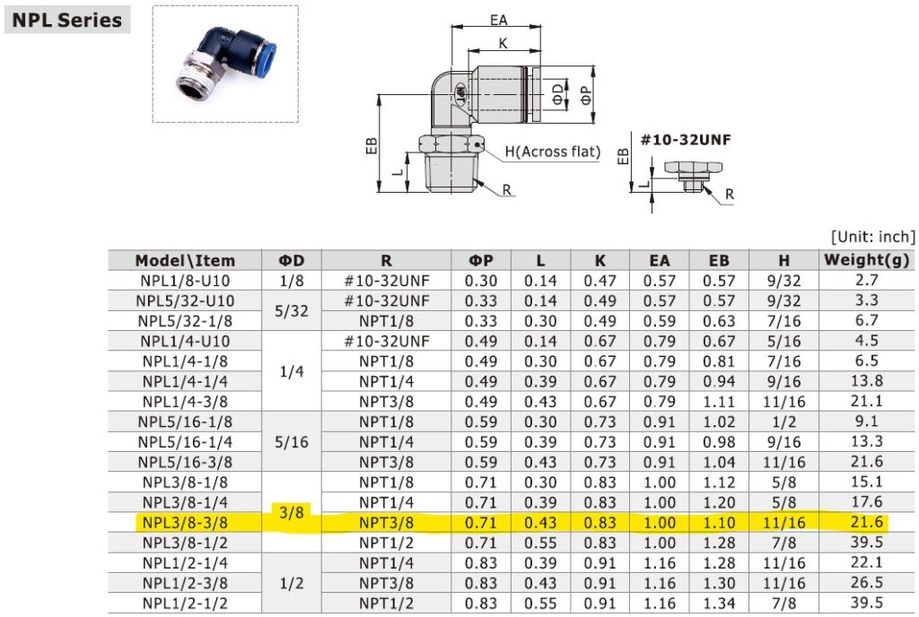 Dimensional Data for AirTAC NPL3/8-3/8