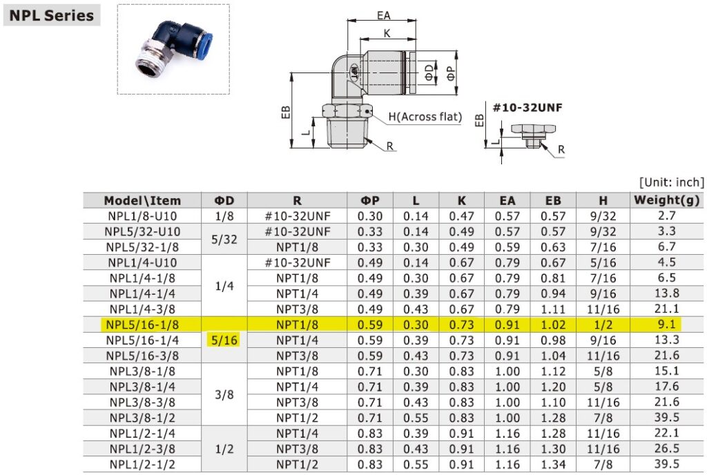 Dimensional Data for AirTAC NPL5/16-1/8