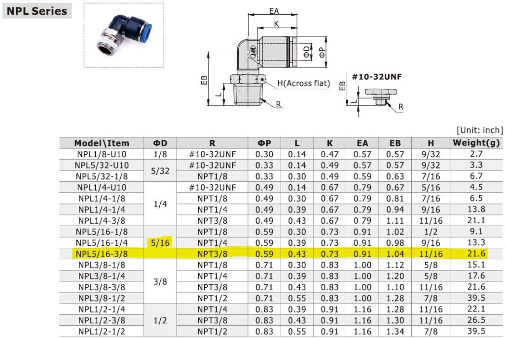 Dimensional Data for AirTAC NPL5/16-3/8