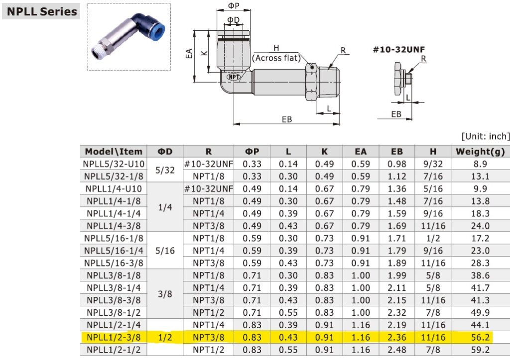 Dimensional Data for AirTAC NPLL1/2-3/8