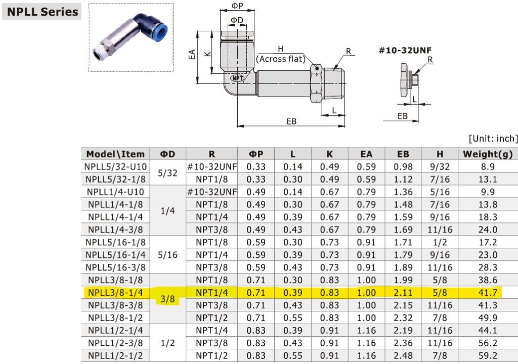 Dimensional Data for AirTAC NPLL3/8-1/4