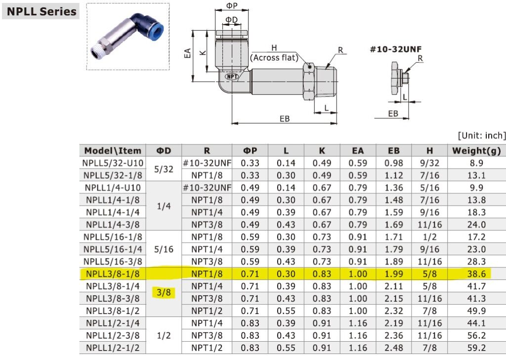 Dimensional Data for AirTAC NPLL3/8-1/8