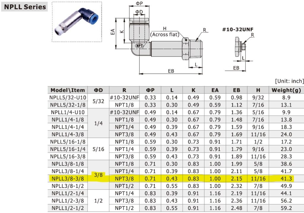 Dimensional Data for AirTAC NPLL3/8-3/8