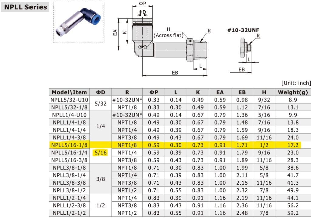 Dimensional Data for AirTAC NPLL5/16-1/8