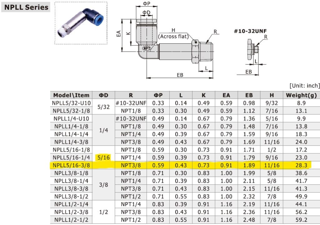 Dimensional Data for AirTAC NPLL5/16-3/8