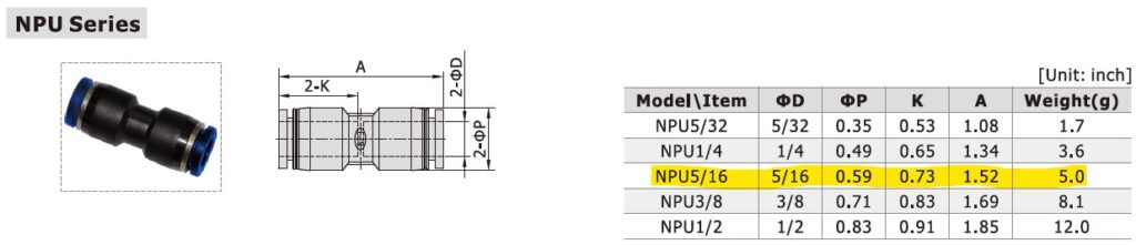 Dimensional Data for AirTAC NPU5/16