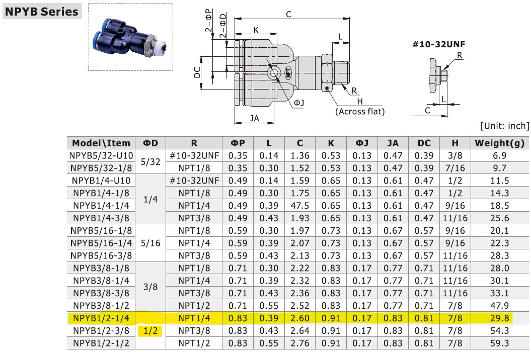 Dimensional Data for AirTAC NPYB1/2-1/4