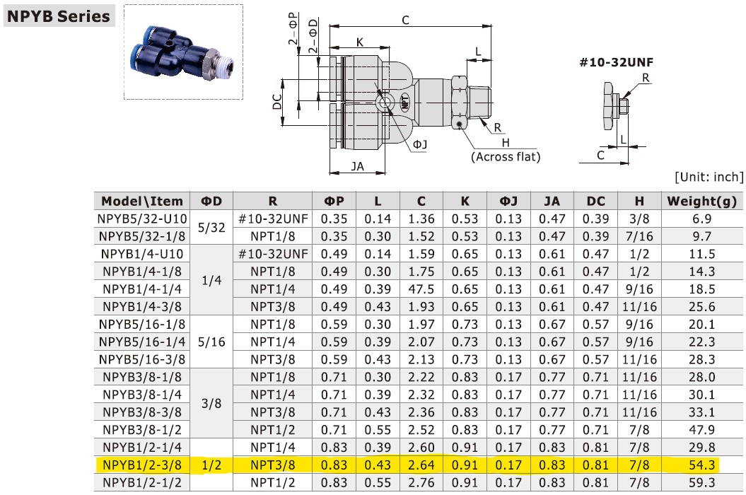 Dimensional Data for AirTAC NPYB1/2-3/8