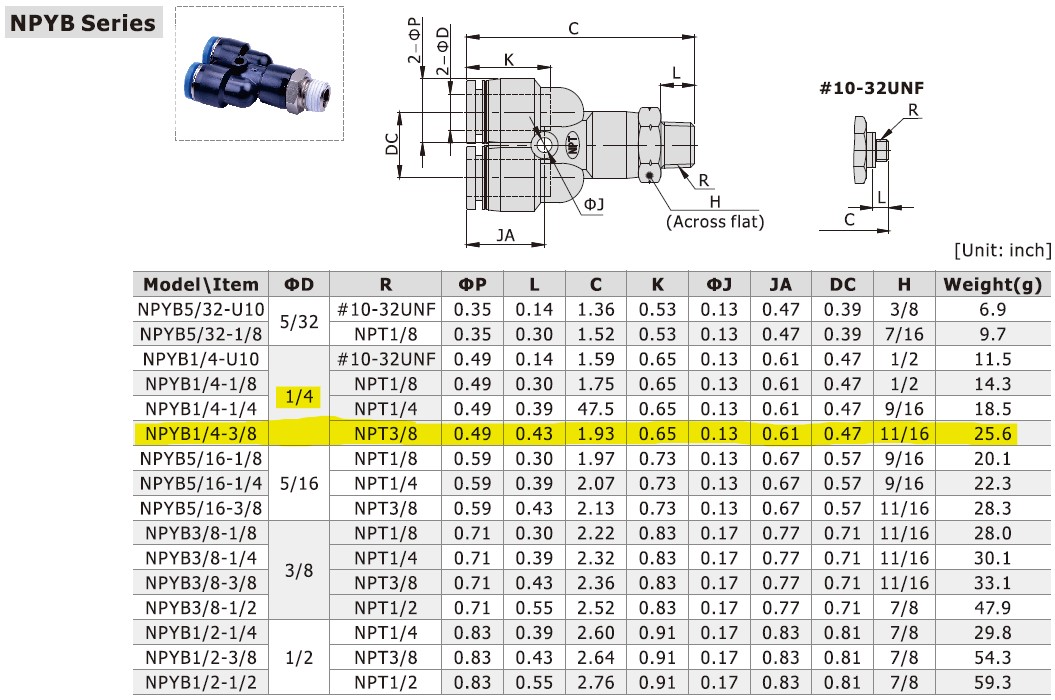 Dimensional Data for AirTAC NPYB1/4-3/8