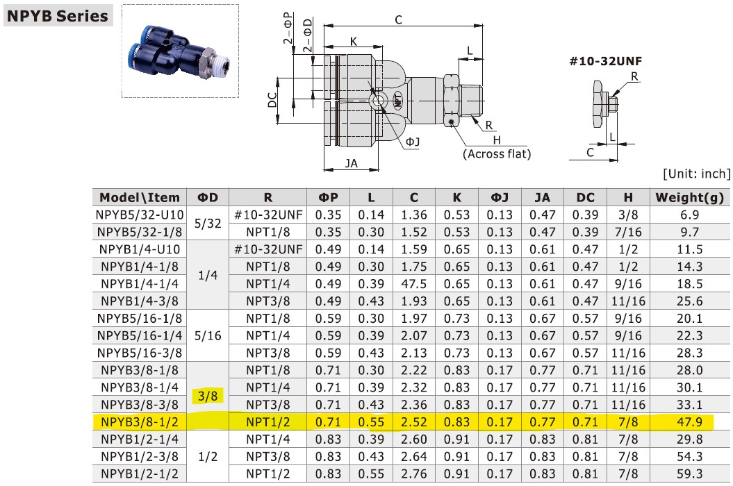 Dimensional Data for AirTAC NPYB3/8-1/2