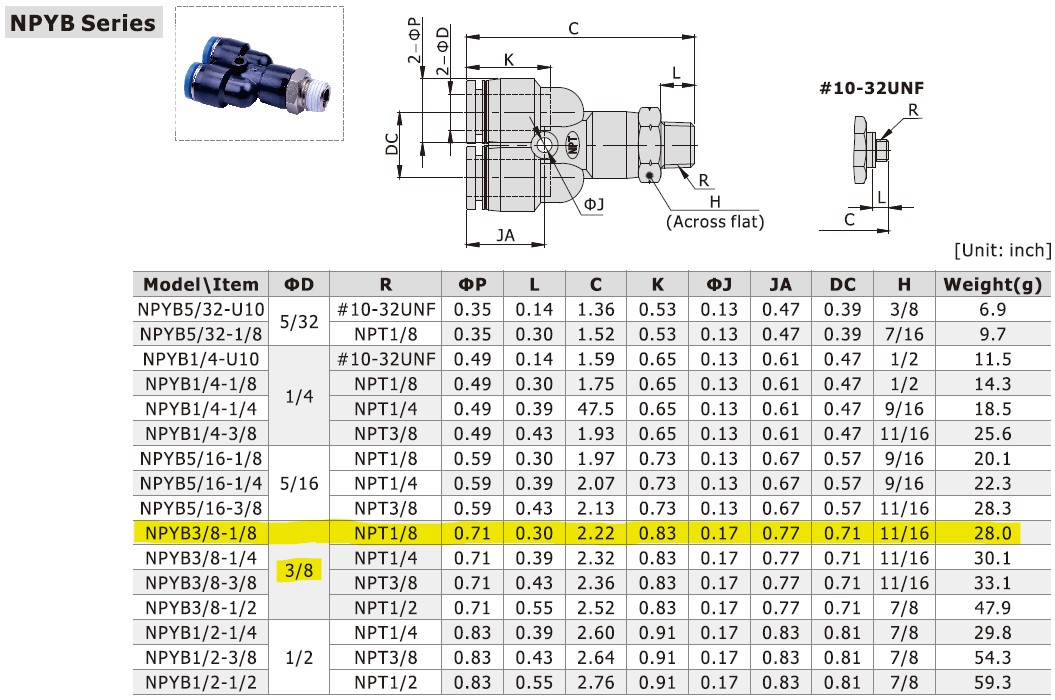 Dimensional Data for AirTAC NPYB3/8-1/8