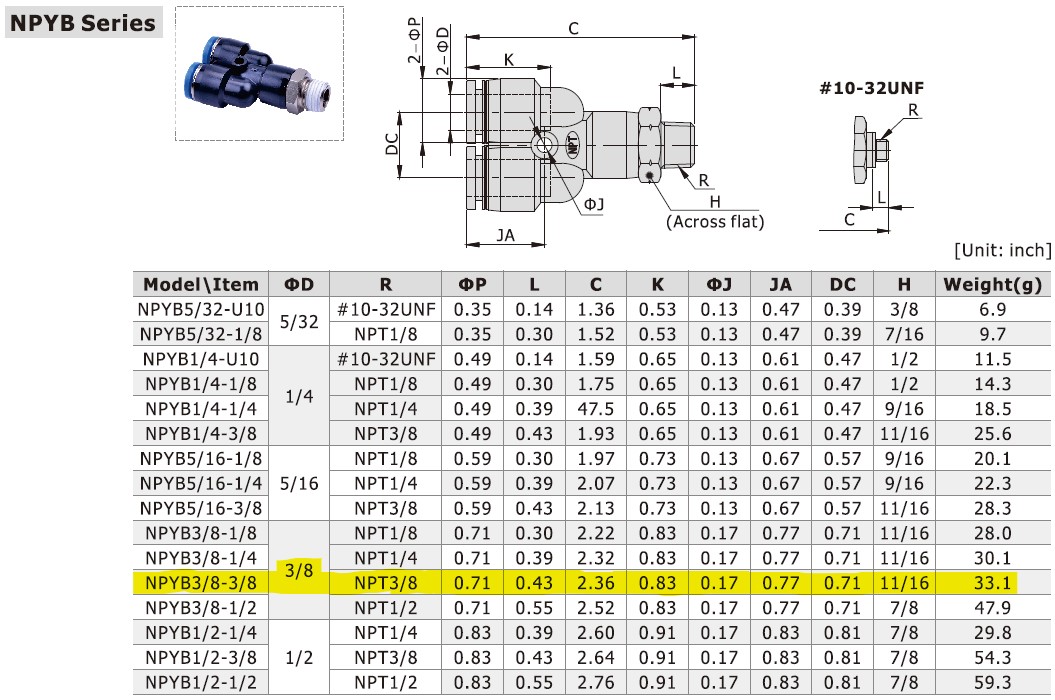 Dimensional Data for AirTAC NPYB3/8-3/8