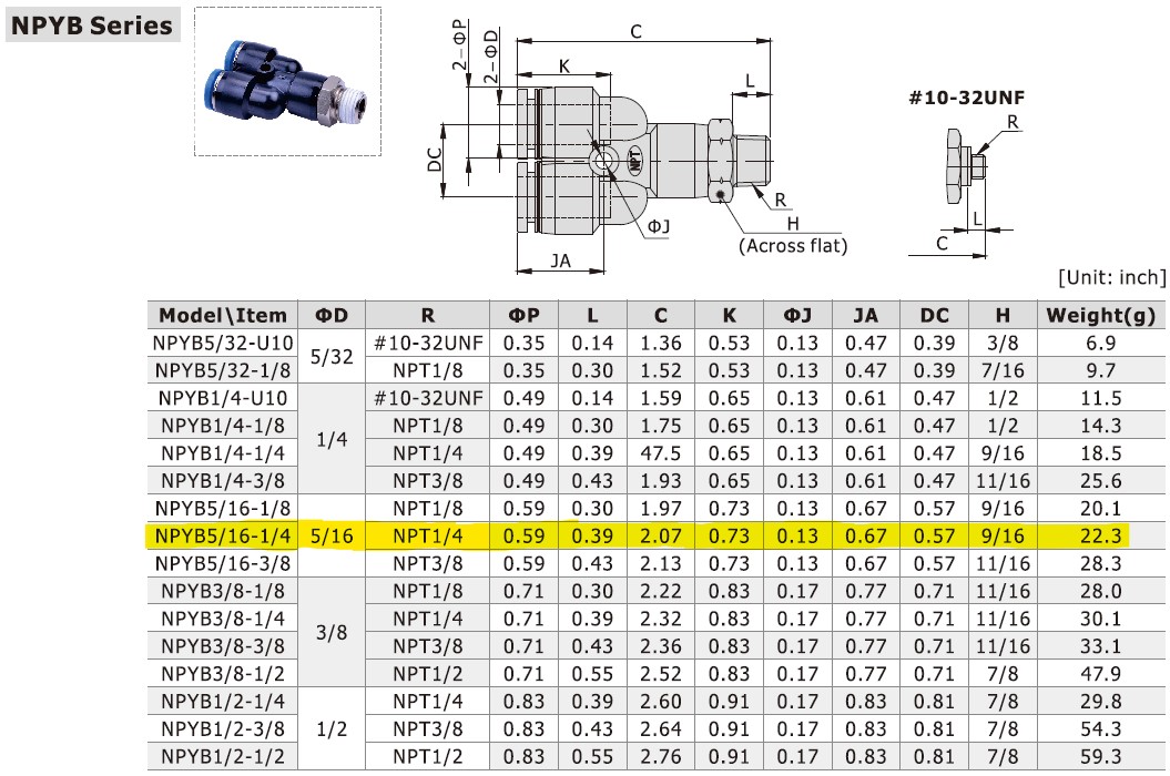 Dimensional Data for AirTAC NPYB5/16-1/4