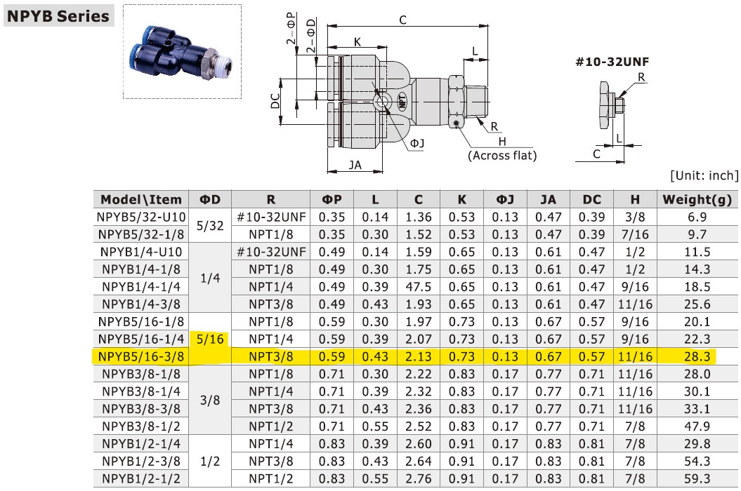 Dimensional Data for AirTAC NPYB5/16-3/8