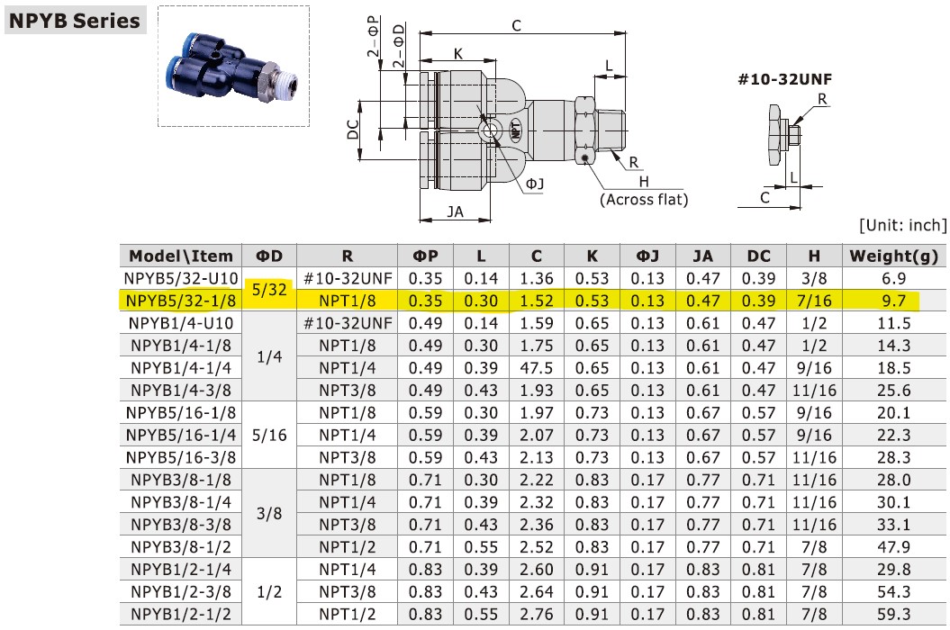 Dimensional Data for AirTAC NPYB5/32-1/8