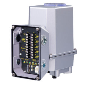 Product photograph of the MG Co. STEP-TOP MRP11 rotary electric actuator showing its main metallic housing and integrated open terminal box.